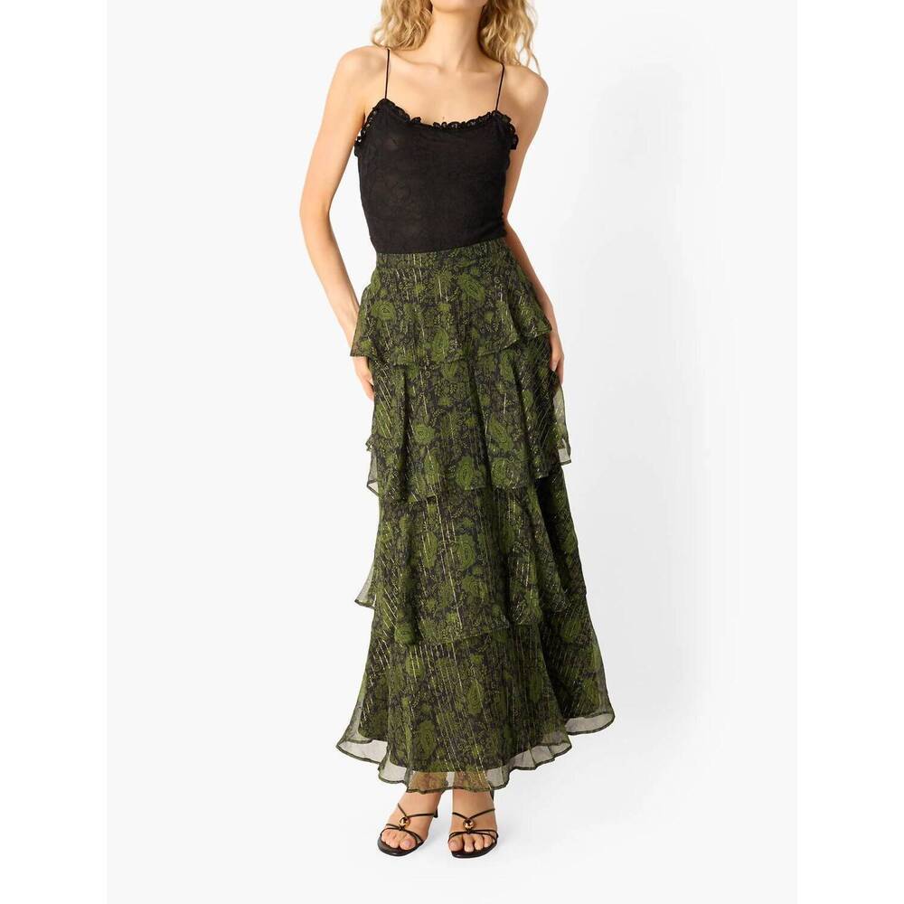 NEW CAMI NYC gaia metallic chiffon tiered maxi skirt in forest paisley